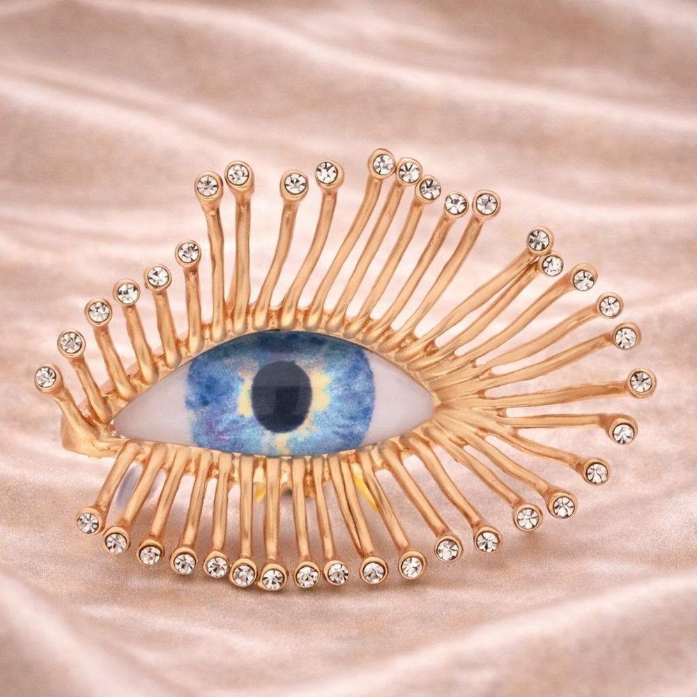 Mystic Gaze Gold Sunburst Crystal Blue Eye Motif Brooch